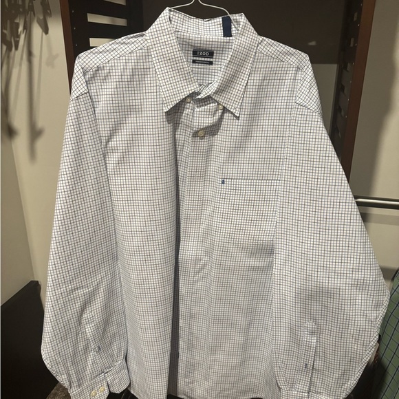 Izod Men's White and Blue Plaid Dress Shirt - Picture 1 of 3